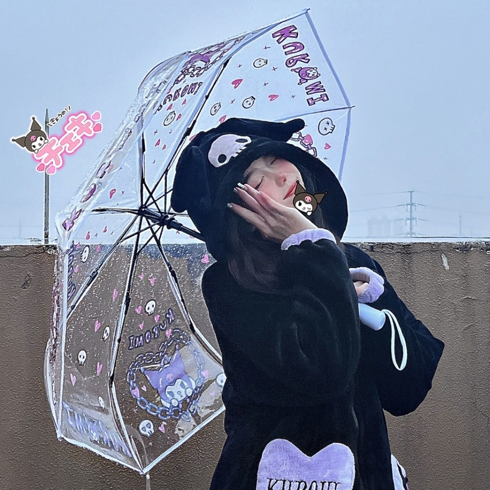 Sanrio Kuromi Hearts & Skulls Hello Kitty Umbrella Kids / Adult Clear Umbrella - Picture 4 of 9